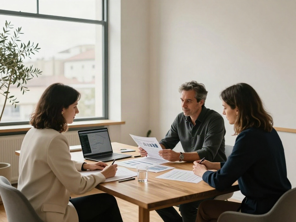 Consulting professionals discussing business analytics together around a conference table